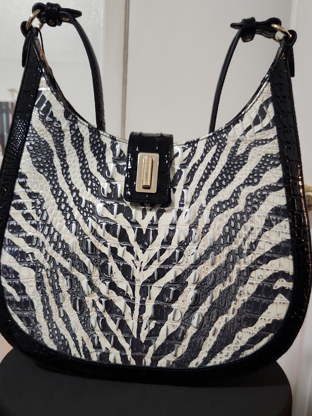 Btahmin Black & White Zebra-Print Patent Shoulder Bag